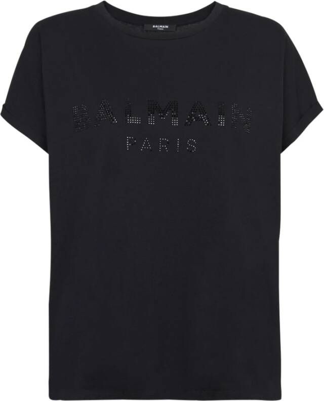 Balmain Ecologisch ontworpen katoenen T-shirt met strass logo. Black Dames