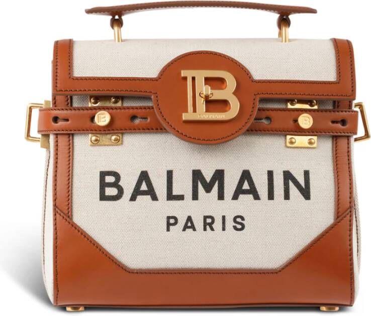 Balmain Ecru canvas B-Buzz 23 bag with brown leather panels Beige Dames