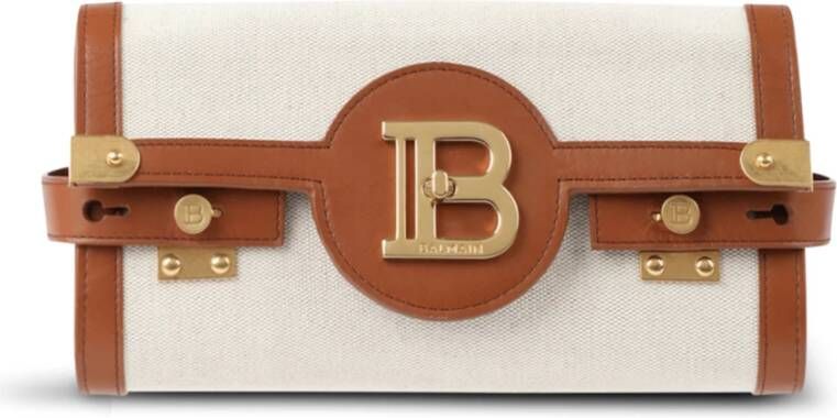 Balmain Ecru canvas B-Buzz 23 clutch with brown leather panels Beige Dames