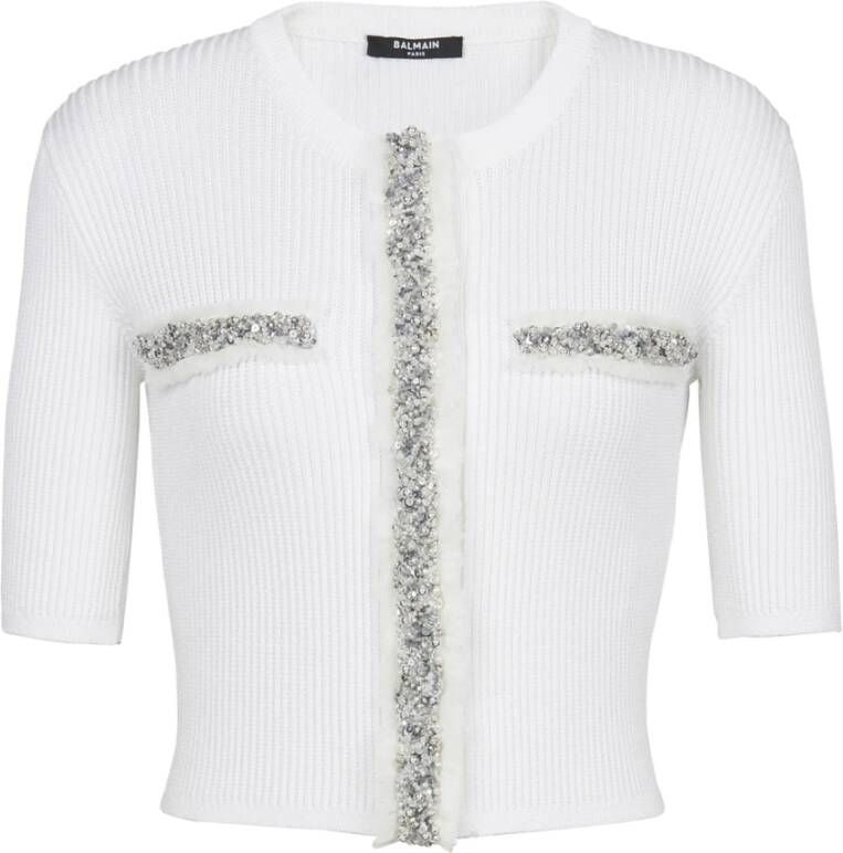 Balmain Embroidered cropped knit cardigan Wit Dames
