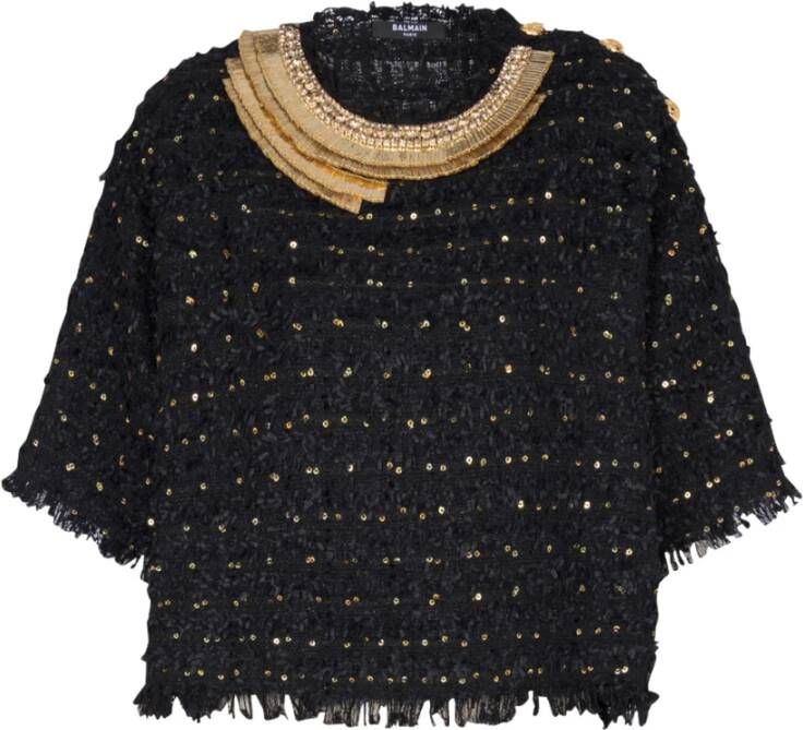 Balmain Embroidered tweed crop top Zwart Dames