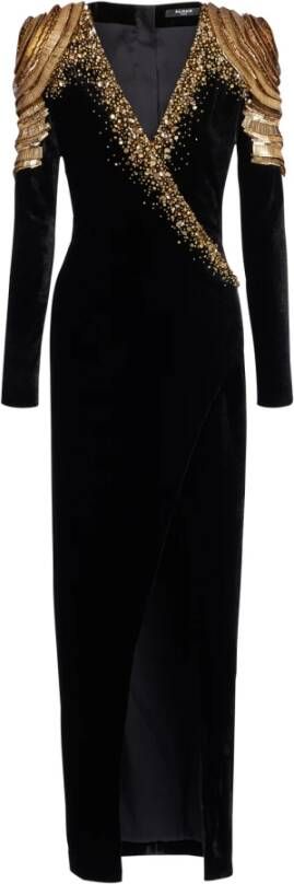 Balmain Embroidered velvet long dress Zwart Dames