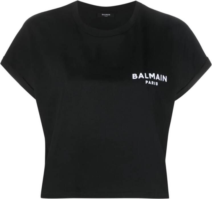 Balmain Zwarte Biologisch Katoenen Logo Crop T-shirt Zwart Dames