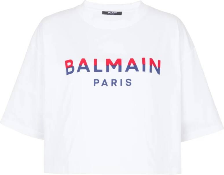 Balmain Flocked Paris cropped T-shirt White Dames