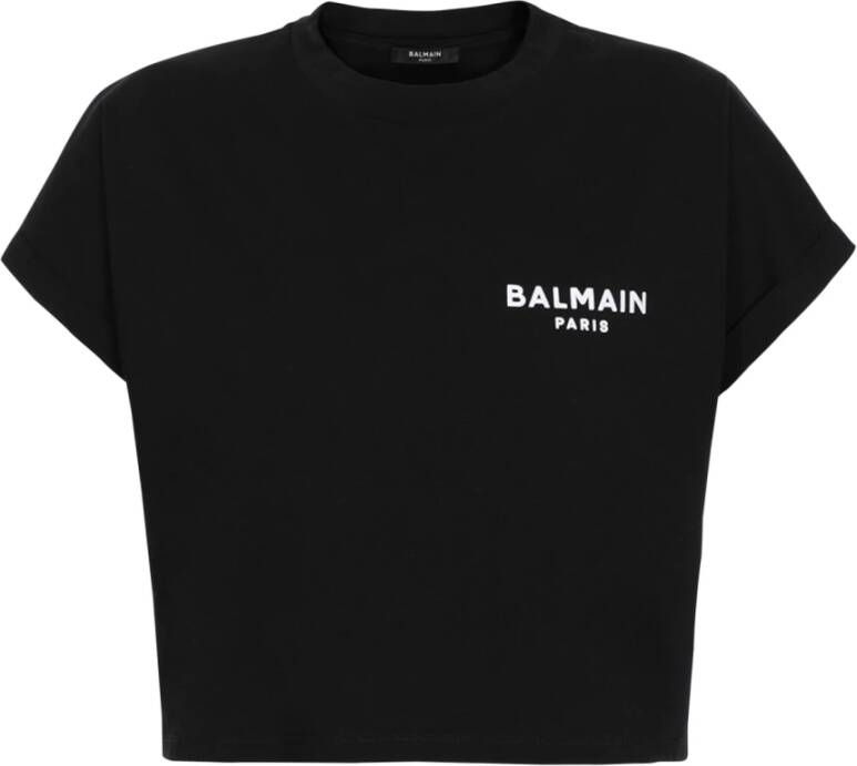 Balmain Geknipt eco-ontworpen katoenen T-shirt met klein geflockt logo. Zwart Dames
