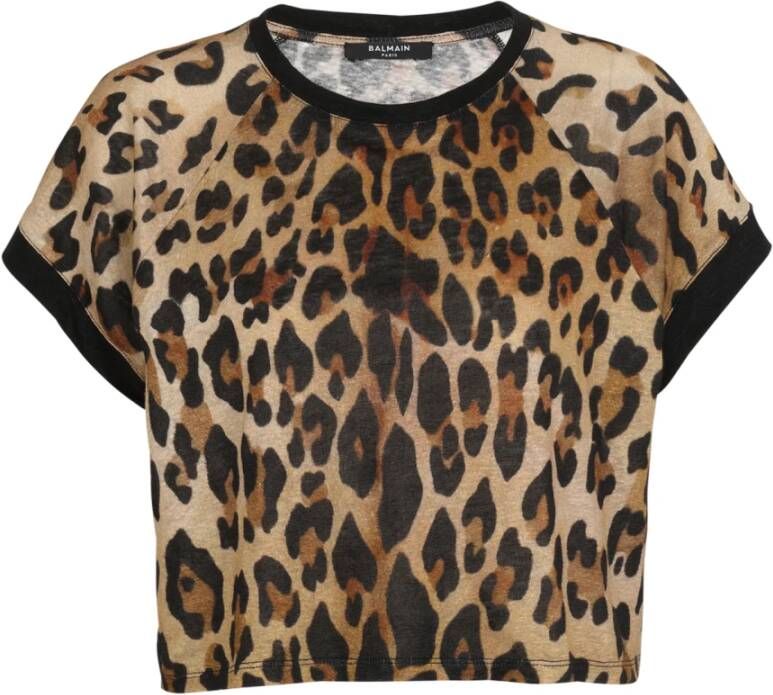 Balmain Geknipt linnen T-shirt met luipaardprint Bruin Dames