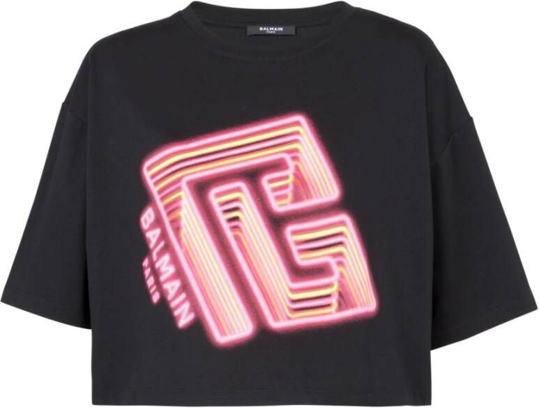 Balmain Cropped T-shirt with neon printed labyrinth logo Zwart Dames