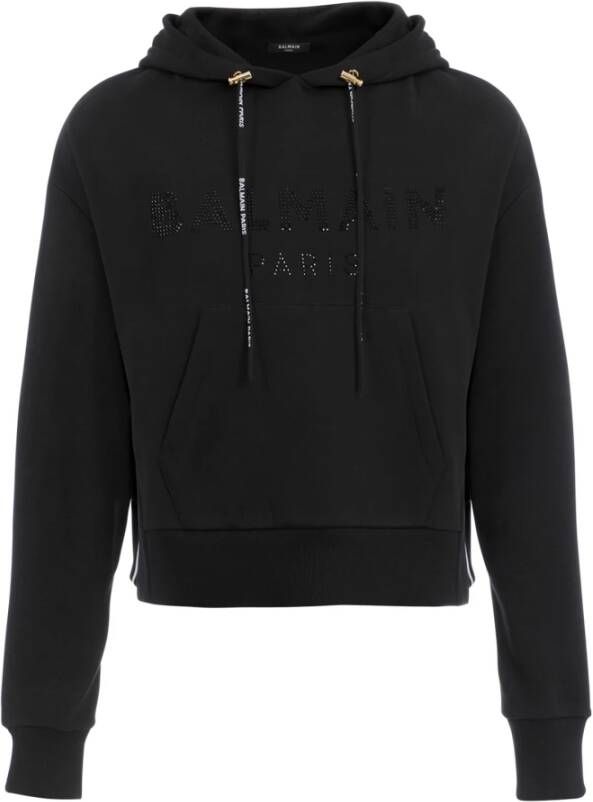Balmain Geknipte eco-ontworpen katoenen sweatshirt met strass logo. Black Dames