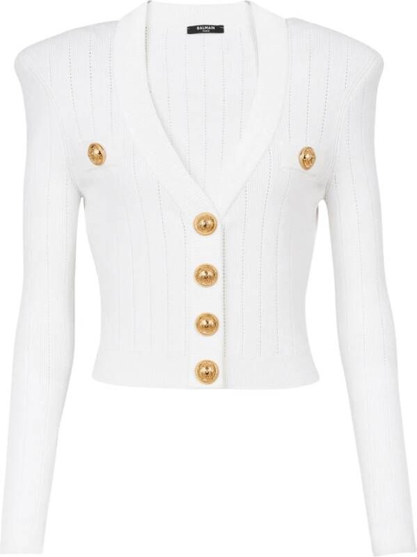 Balmain Geknipte ecologisch ontworpen gebreide cardigan met goudkleurige knopen. White Dames