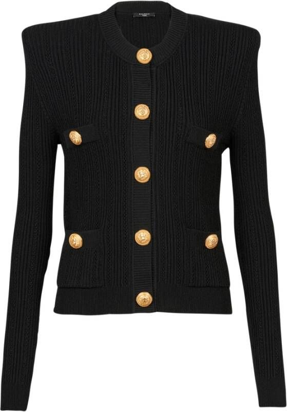 Balmain Geknipte ecologisch ontworpen gebreide cardigan met goudkleurige knopen. Zwart Dames