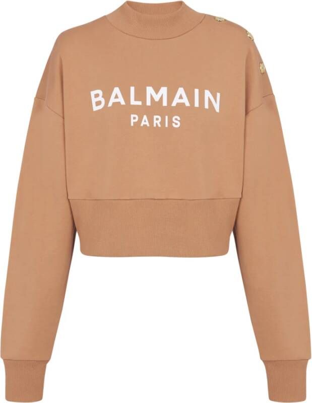 Balmain Geknipte knoopsluiting logo print sweatshirt Brown Dames