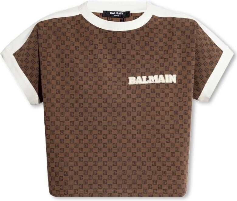 Balmain Kort T-shirt in Jacquard Jersey met ini-onogram Brown Dames