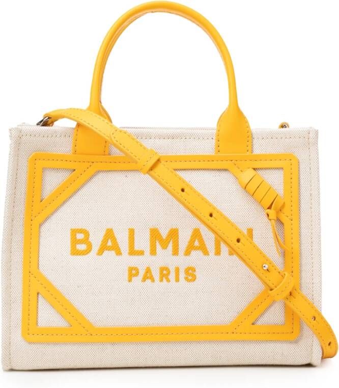 Balmain Totes B-army Canvas Bag With Frontal Embroidery in fawn
