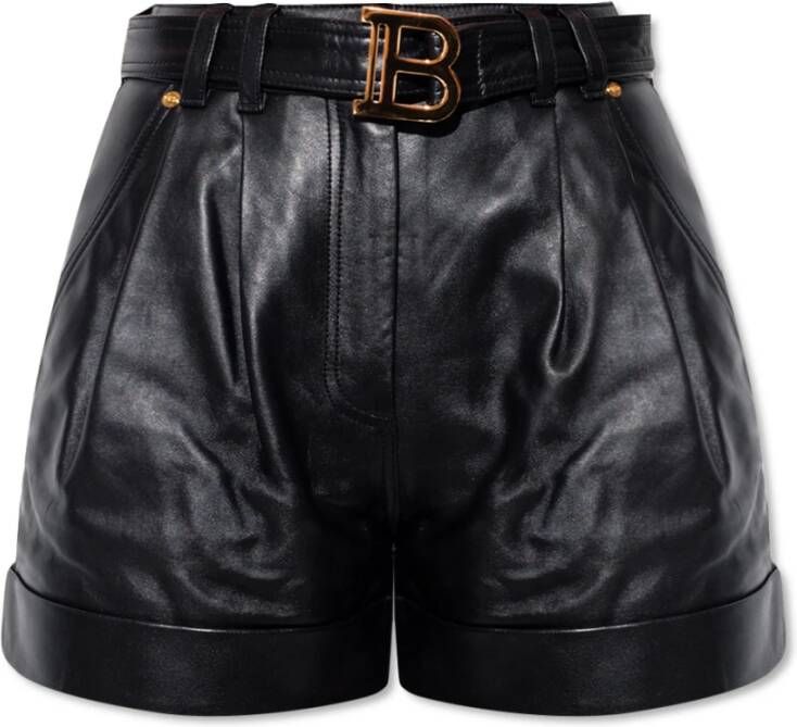 Balmain Hoge taille leren shorts Zwart Dames