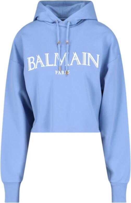 Balmain Cropped hoodie with rubber Roman logo Blauw Dames