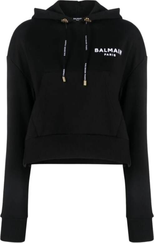 Balmain Cropped Sweatshirt met capuchon en logo print Black Dames