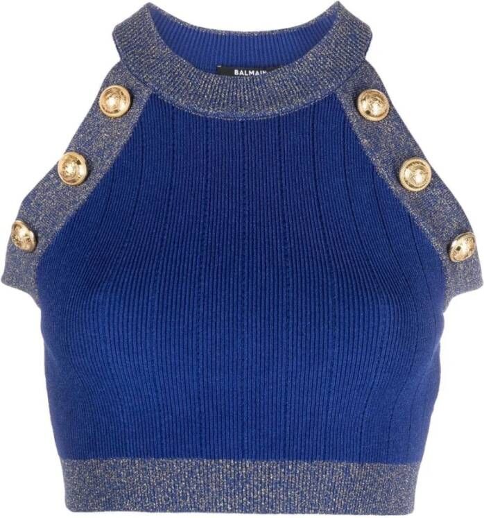 Balmain Kobaltblauwe Glitter Gebreide Crop Top Blauw Dames