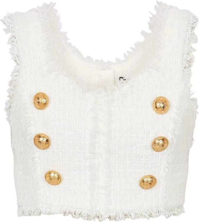 Balmain Witte Tweed Knoop-Detail Crop Top White Dames