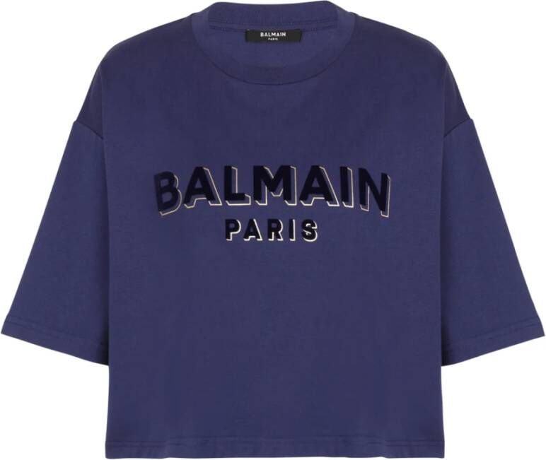 Balmain Kortgeknipt katoenen T-shirt met fluweelachtig metallic logo Purple Dames