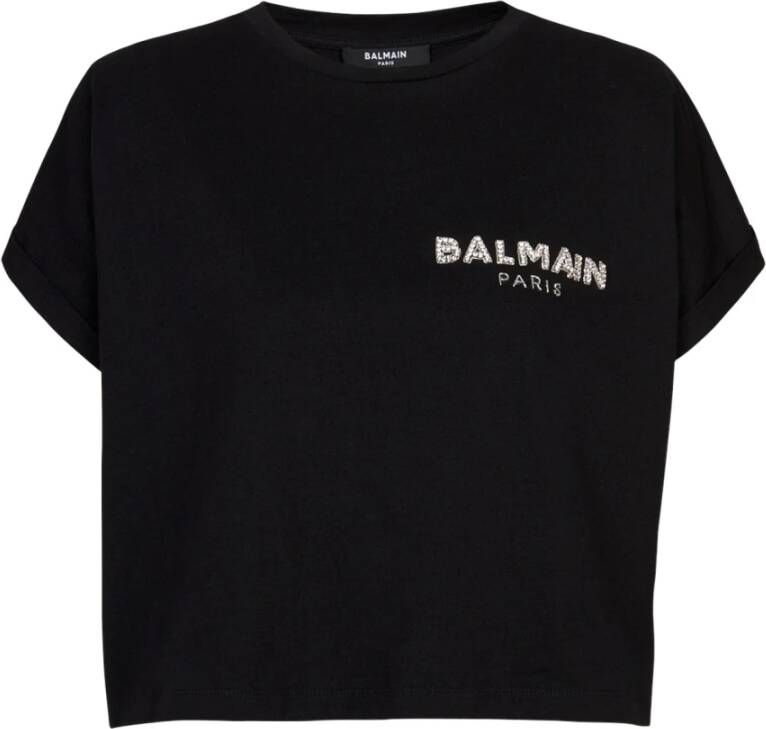 Balmain Kortgeknipt katoenen T-shirt met klein geborduurd logo Black Dames