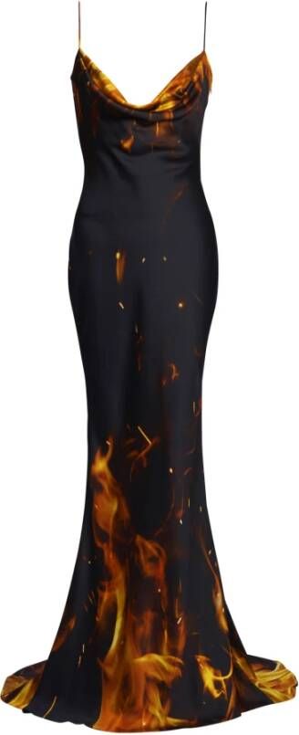 Balmain Lange satijnen jurk met print Fire Orange Dames