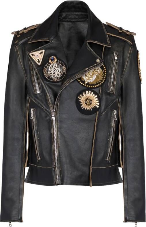 Balmain Leather biker jacket with embroidered badges Zwart Heren