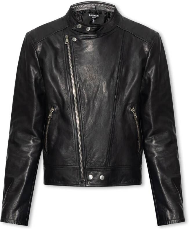 Balmain Zipped leather biker jacket Zwart Heren