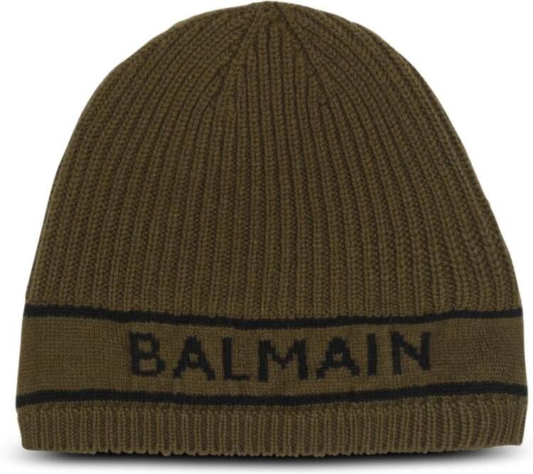 Balmain logo embroidered wool hat Groen Heren