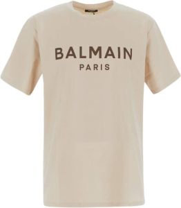 Balmain Logo Katoenen T-shirt Beige Heren
