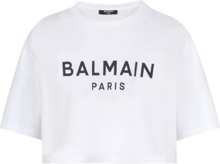 Balmain Ecologisch verantwoord kortgeknipt katoenen T-shirt met logoprint White Dames