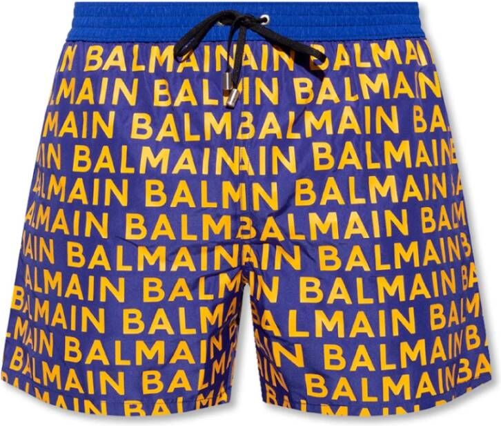 Balmain Logo Print Zwembroek Blauw Heren