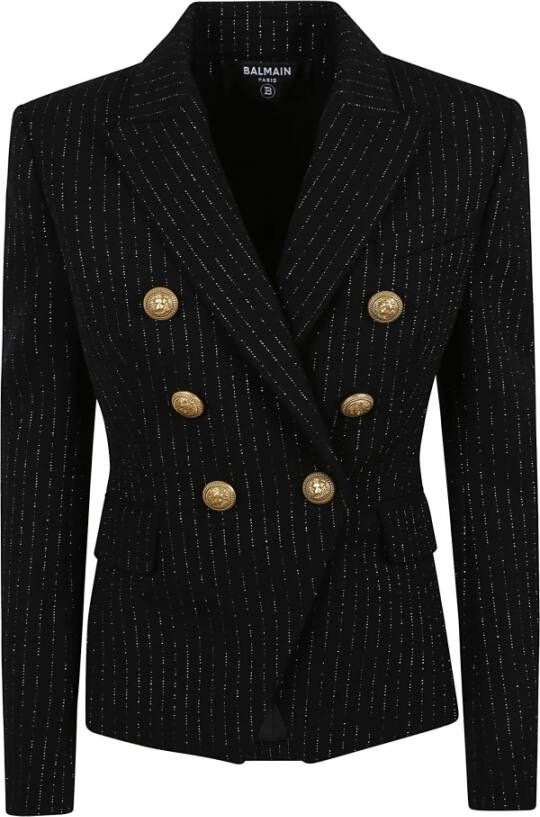 Balmain Lurex Gestreept Dubbelbreasted Jas Zwart Dames