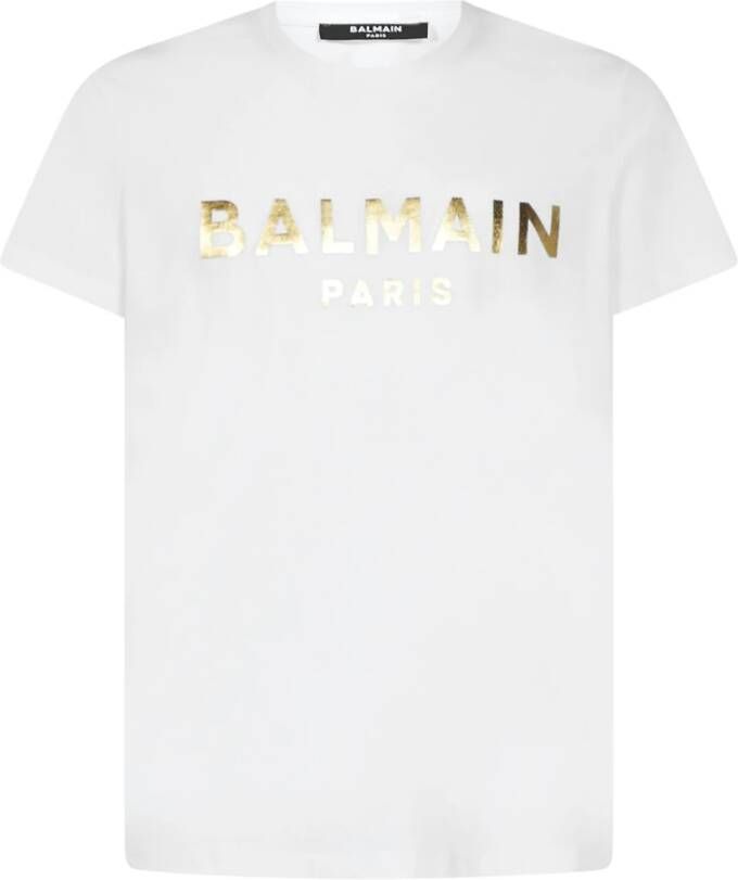 Balmain Wit Biologisch Katoenen T-Shirt met Gouden Logo Print Wit Heren