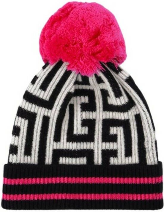 Balmain Maxi Monogram Beanie Hat in Pink Multi Wool Cashmere Roze Dames