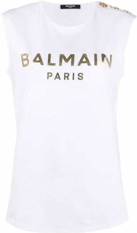 Balmain Metallic-Logo T-shirt Wit Dames