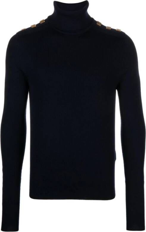 Balmain Midnight Blue Merinowollen Trui met Knoopdetails Blauw Heren