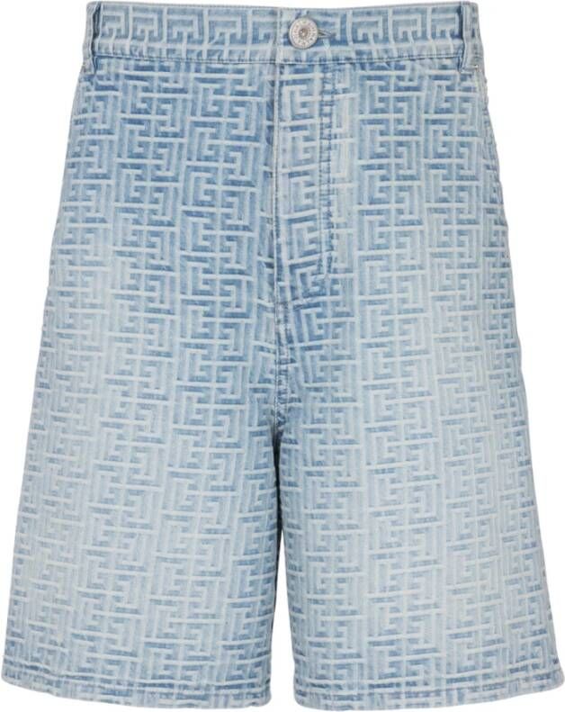 Balmain Monogram denim shorts met rechte snit Blue Heren