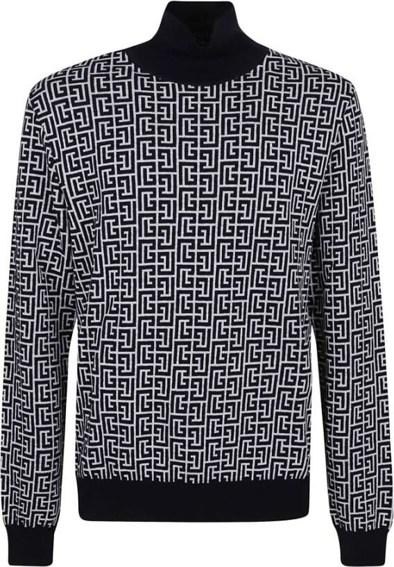 Balmain Monogram Wool &amp; Linen Turtleneck Sweater Zwart Heren