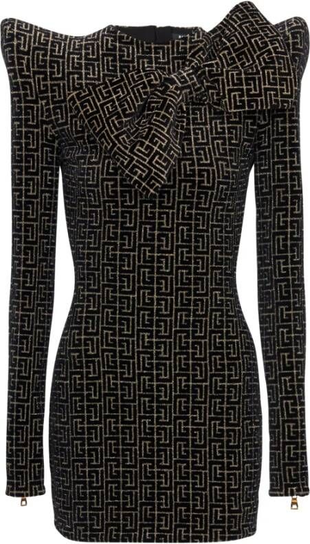 Balmain Monogrammed jacquard structured dress with bow collar Geel Dames