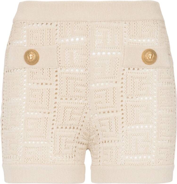 Balmain Gebreide Shorts met Hoge Taille en Goudkleurige Knopen Beige Dames