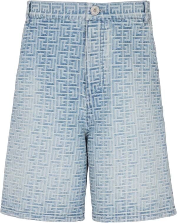 Balmain Monogrammed straight-cut denim shorts Blauw Heren