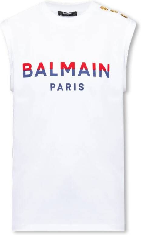 Balmain Mouwloos T-shirt met logo White Dames