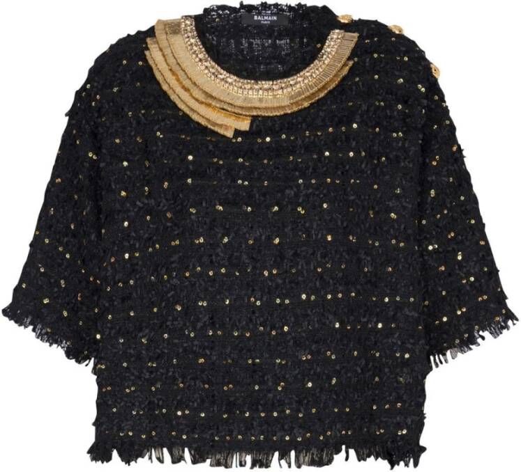 Balmain Noir OR Geborduurde Tweed Crop Top Zwart Dames