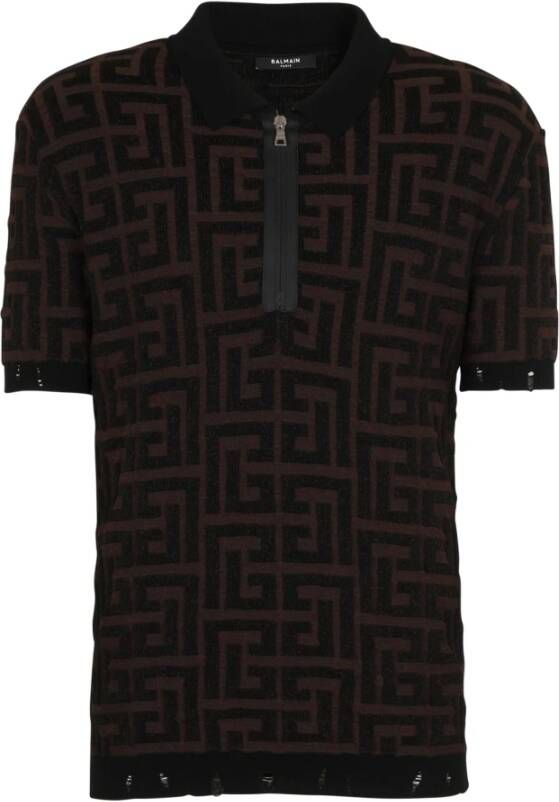 Balmain Unstructured knitted polo shirt with maxi monogram Bruin Heren