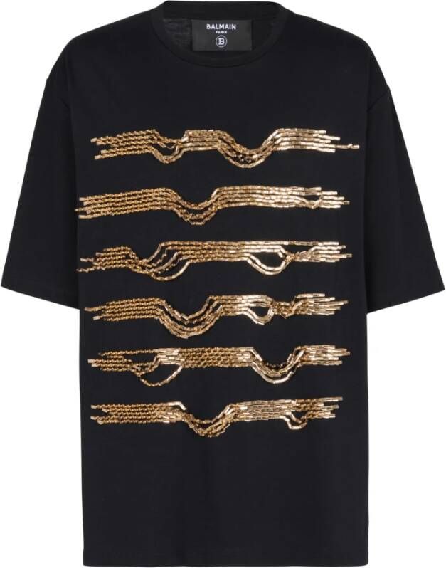 Balmain Oversized embroidered cotton T-shirt with destroy stripes Geel Heren