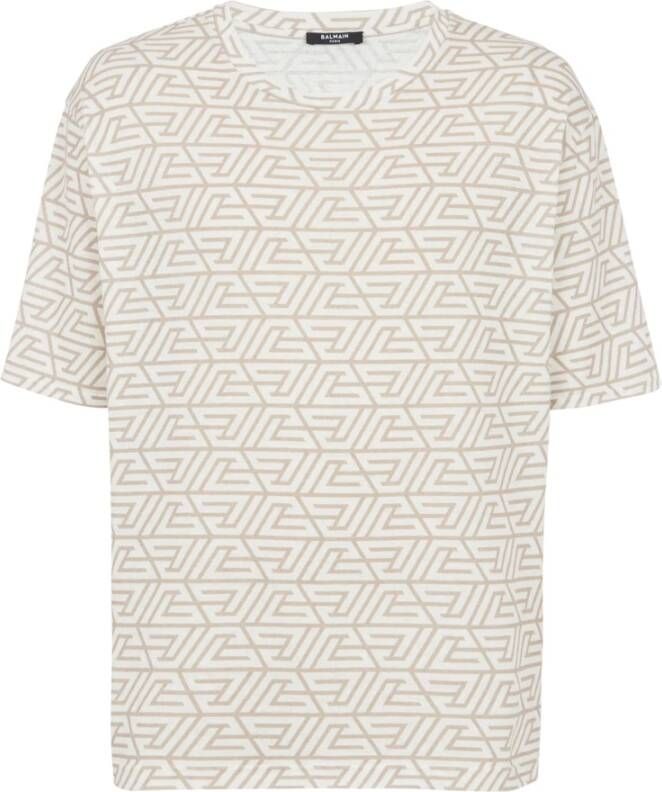 Balmain Oversized katoenen T-shirt met bedrukt piramide monogram Beige Heren