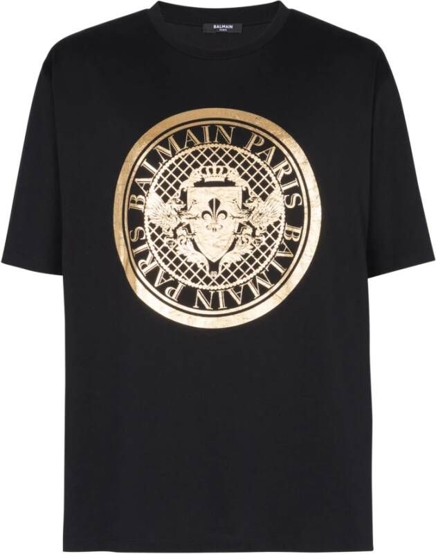 Balmain Oversized Katoenen T-shirt met Metallic Coin Logo Print Zwart Heren