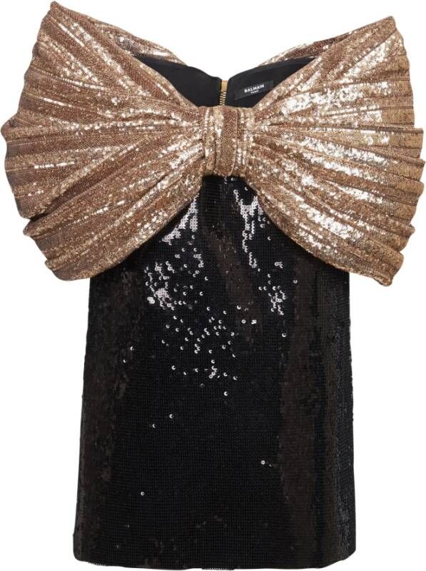 Balmain Paillet Off-Shoulder Jurk met Grote Strik Black Dames