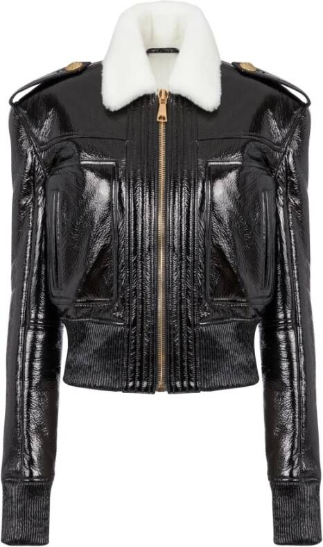 Balmain Patent leather and faux fur jacket Zwart Dames