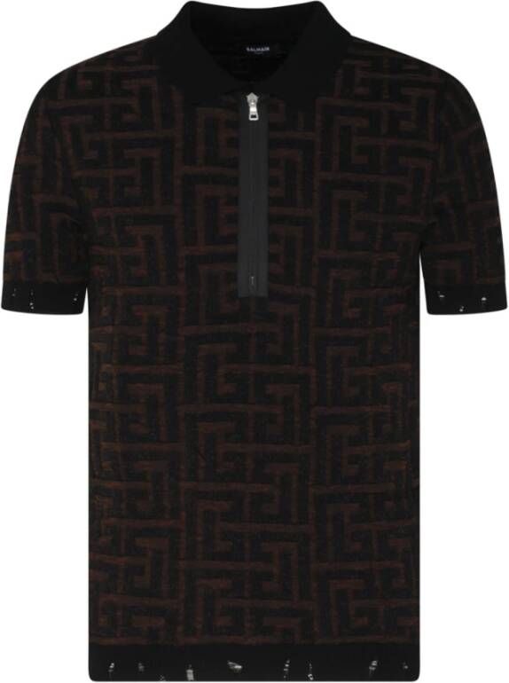 Balmain Unstructured knitted polo shirt with maxi monogram Bruin Heren